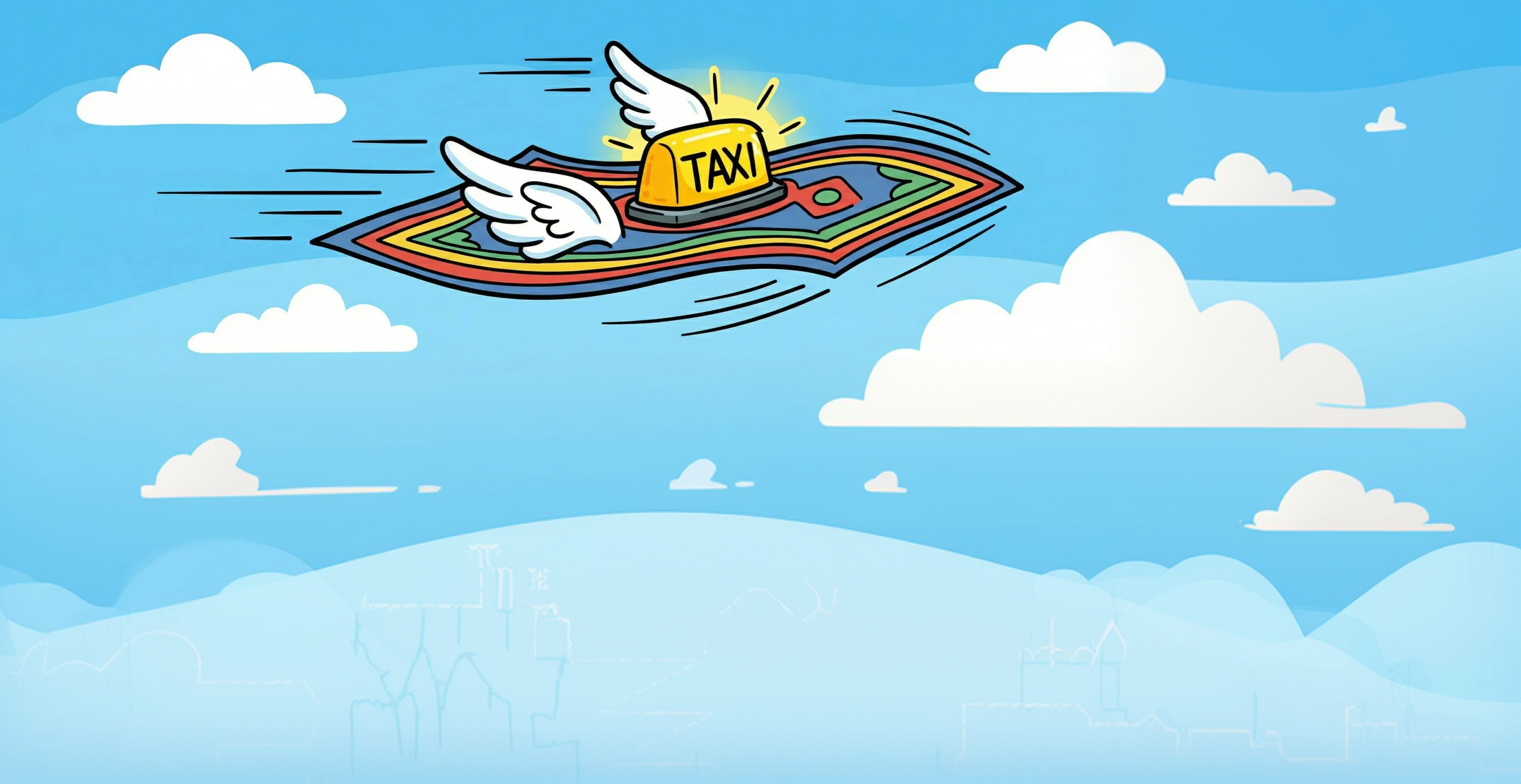 Flying carpet taxi with wings soaring through the sky